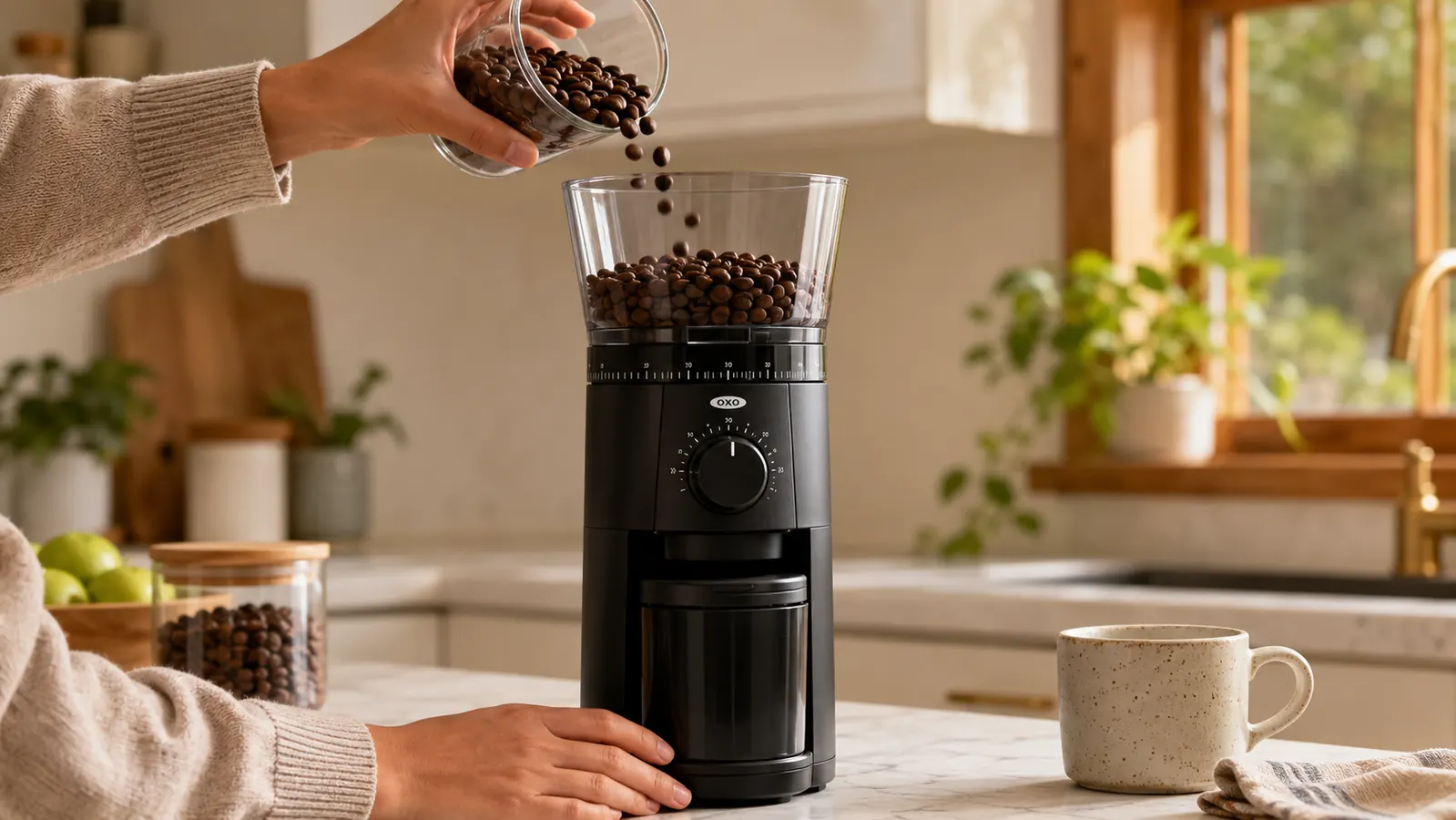 Hand pouring coffee beans into the hopper of the OXO Brew Conical Burr Grinder
