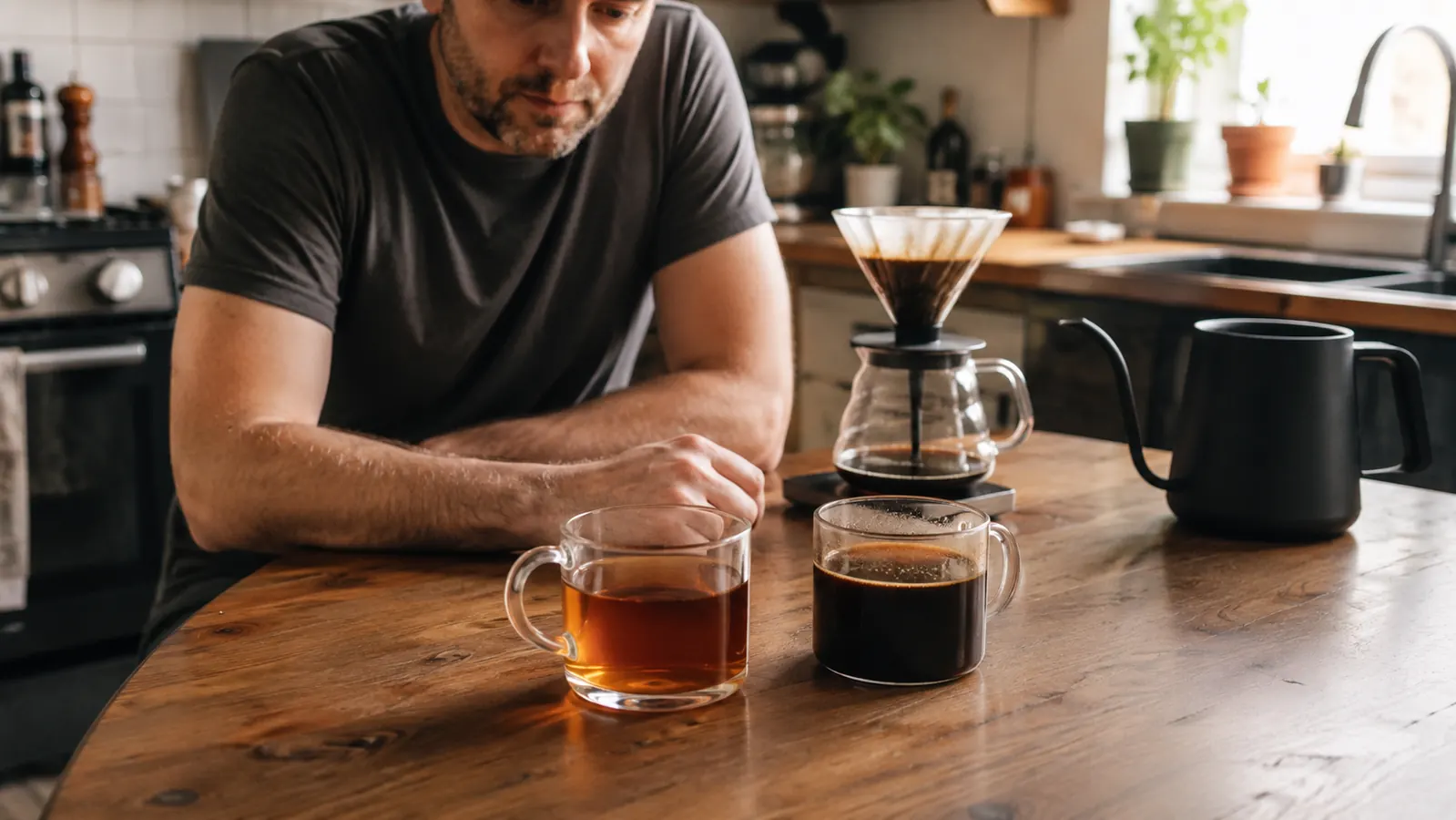 Two coffee mugs side by side showing a clean pour-over cup next to a darker, over-extracted cup