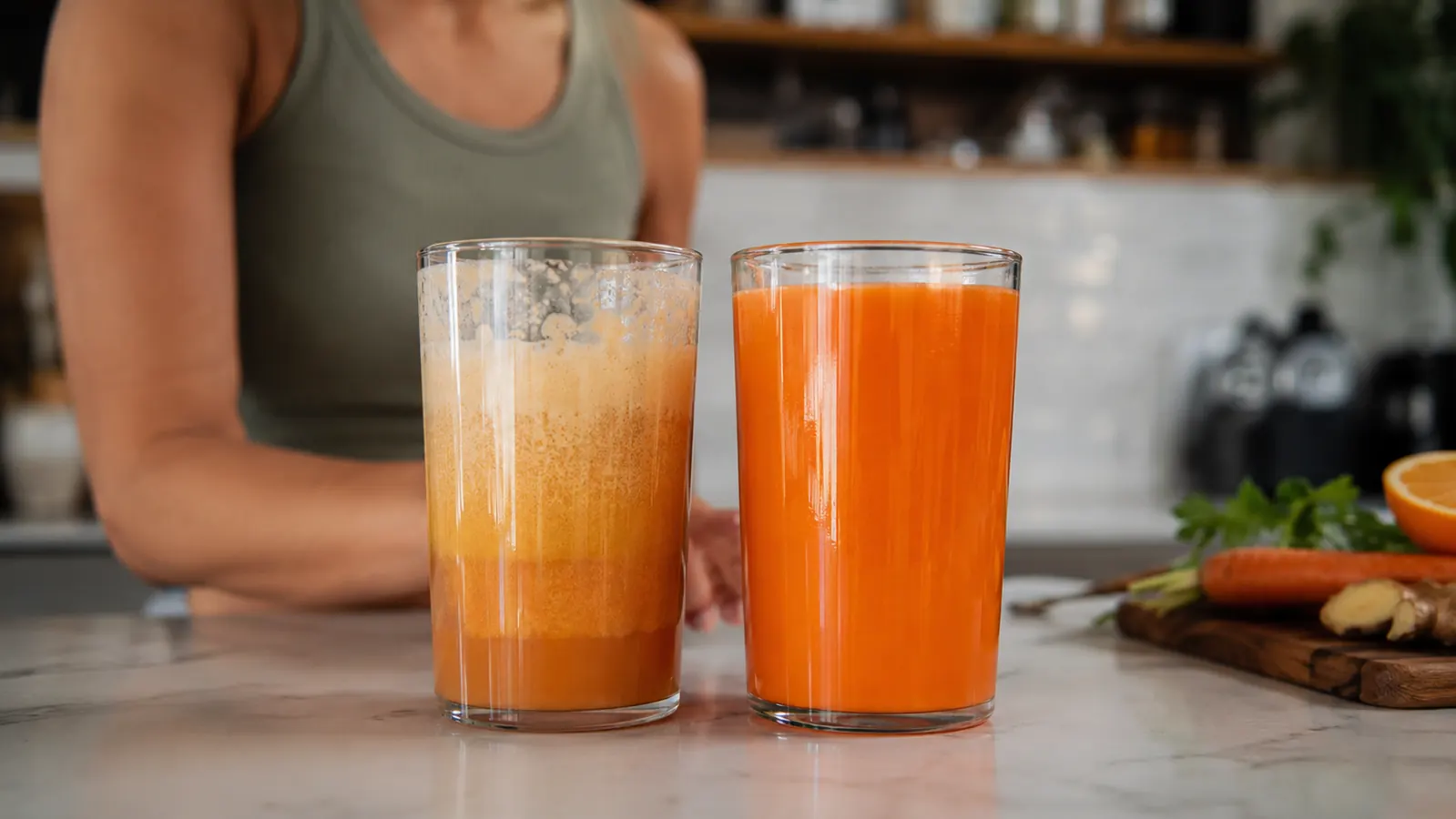Two glasses of juice side by side, one clear and separated, one thick and vibrant, showing the texture difference
