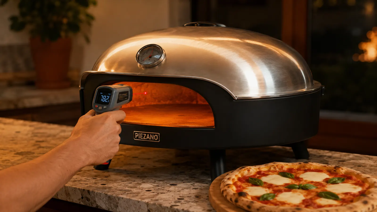 Hand checking the ceramic stone temperature inside the PIEZANO pizza oven before sliding in a pizza
