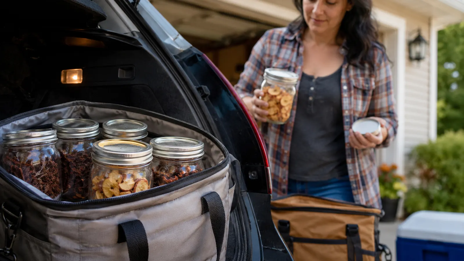 A road trip cooler bag packed with mason jars of homemade jerky and dried apple rings