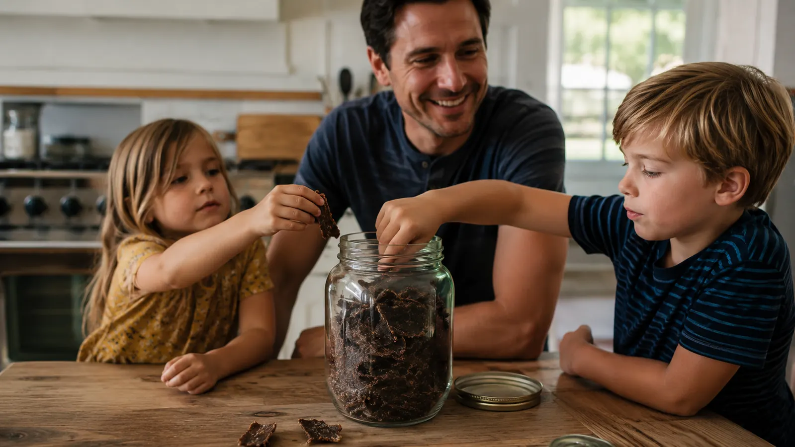 Two kids reaching into a jar of homemade beef jerky at the kitchen table
