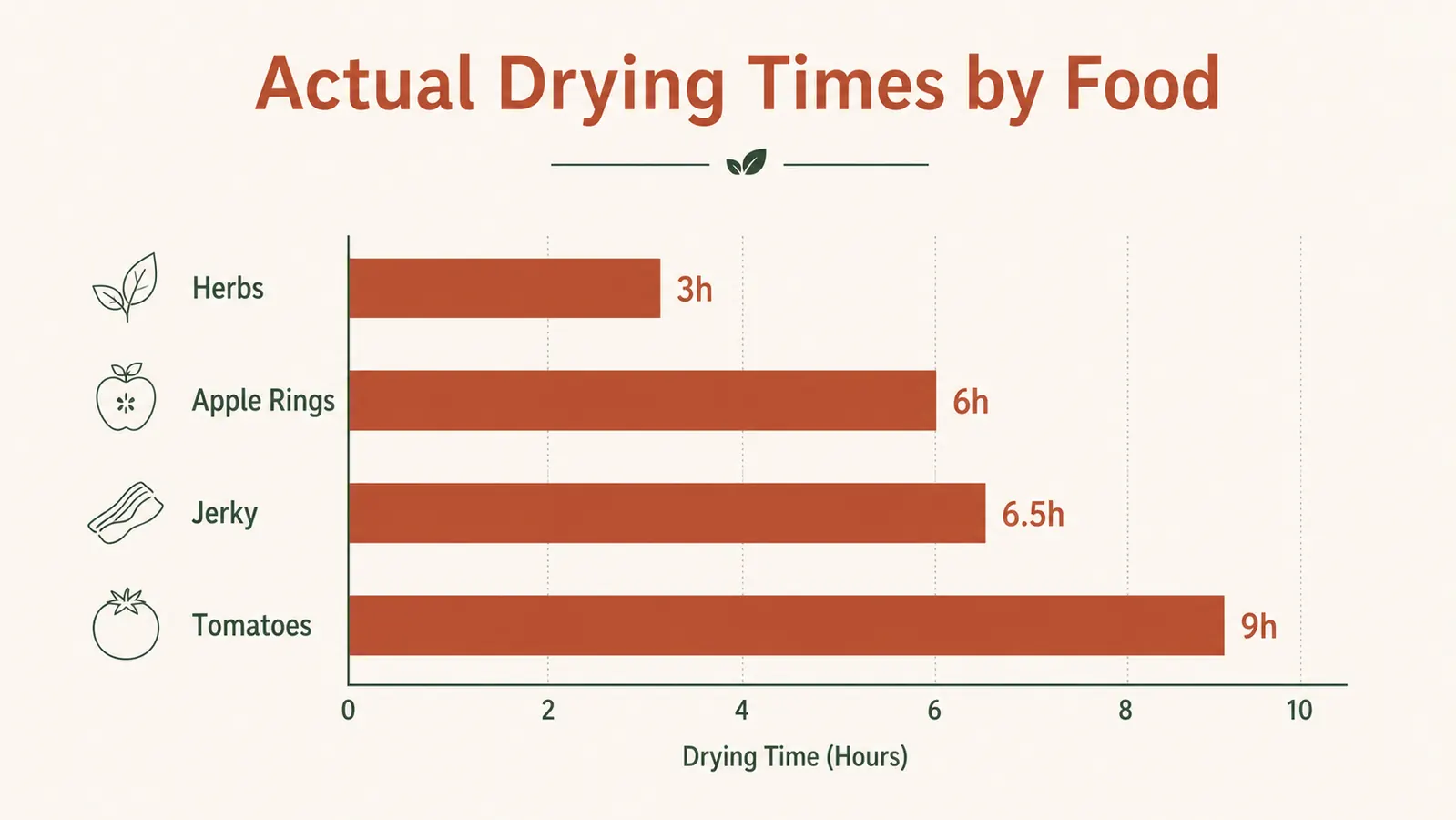 Bar chart comparing drying times for jerky, apple rings, tomatoes, and herbs in the Cosori dehydrator
