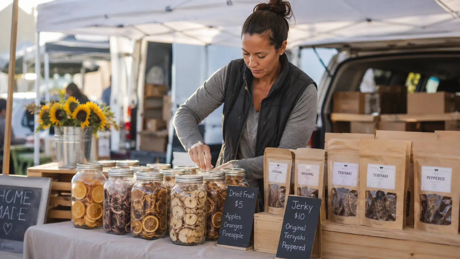 Small farmers market table with jars of dried apple rings and jerky bags in morning light