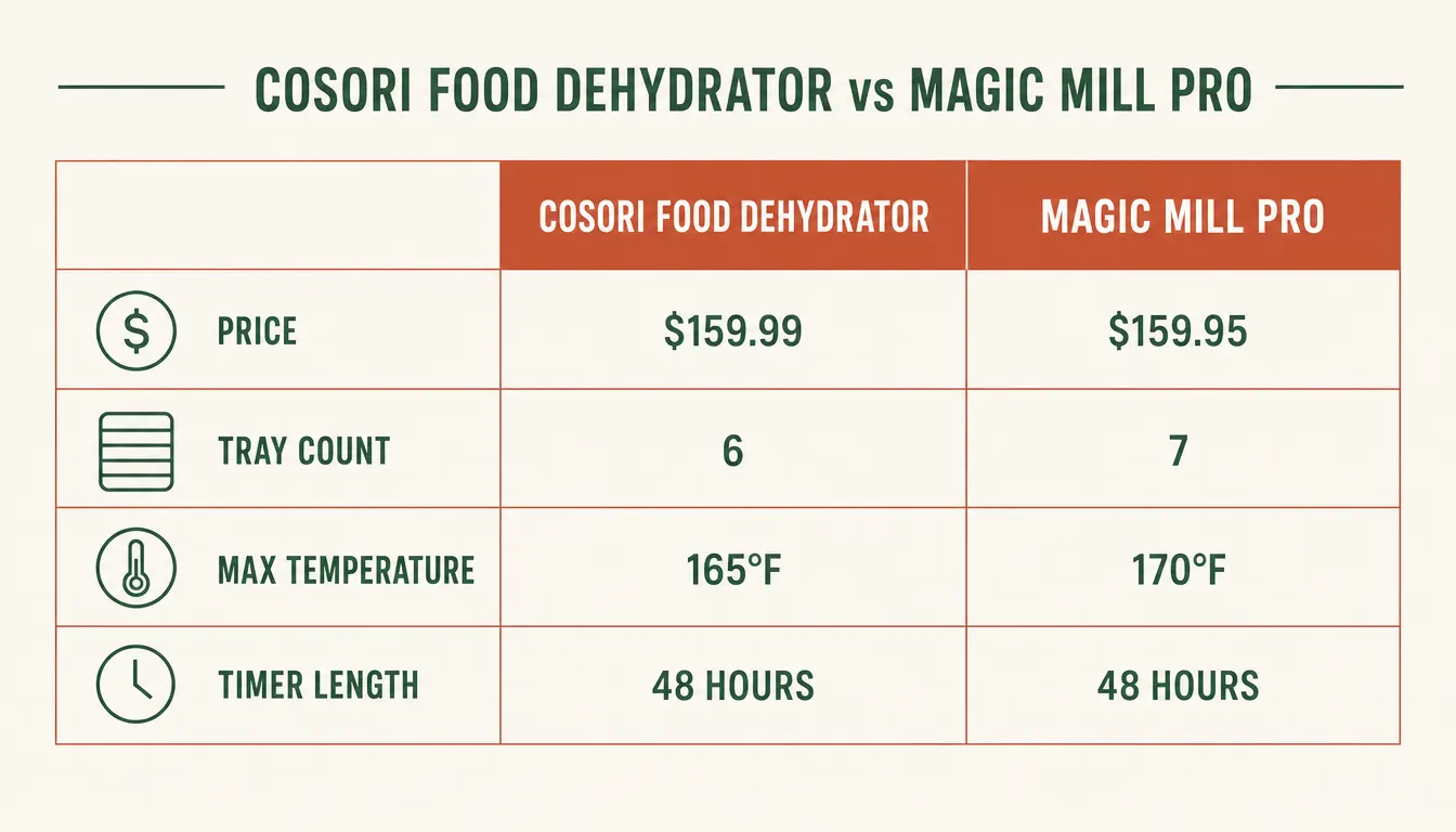 Chart comparing the Cosori food dehydrator and the Magic Mill Pro across price, tray count, temperature range, and timer length