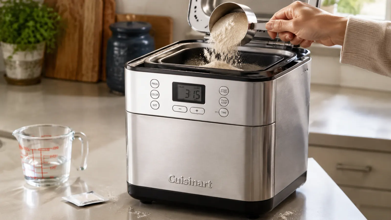 Hand adding flour and yeast into the Cuisinart bread maker's baking pan on a kitchen counter