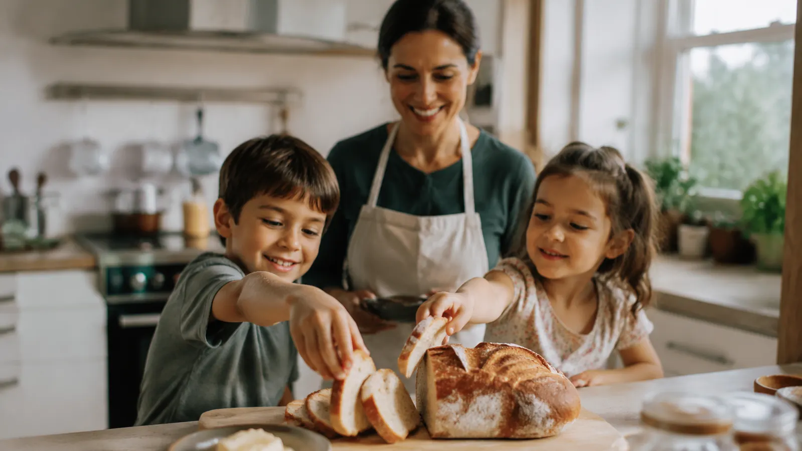 Two kids reaching for warm slices of homemade bread at the kitchen counter after school