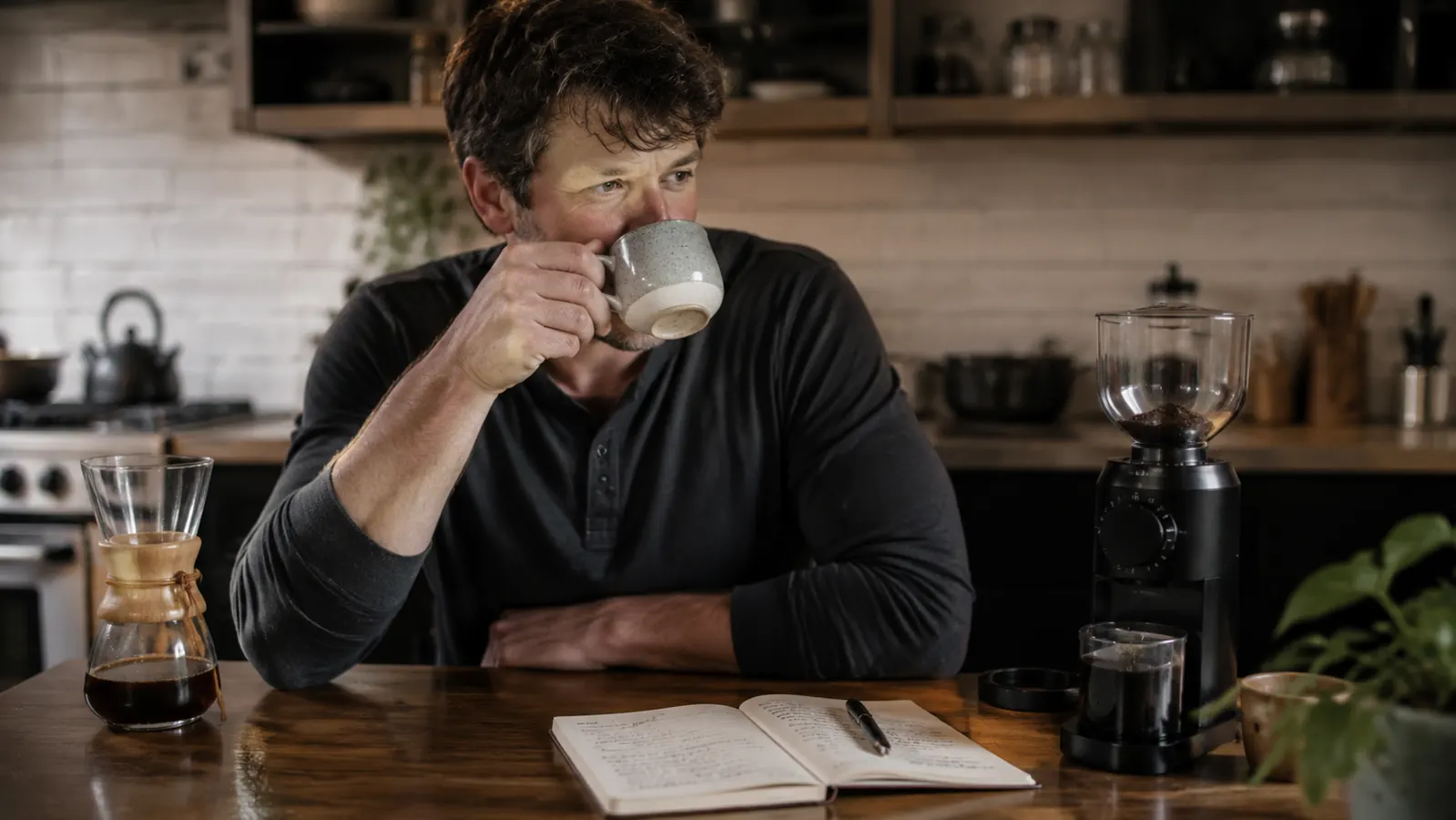 Person tasting a cup of coffee brewed from freshly ground beans at a kitchen table