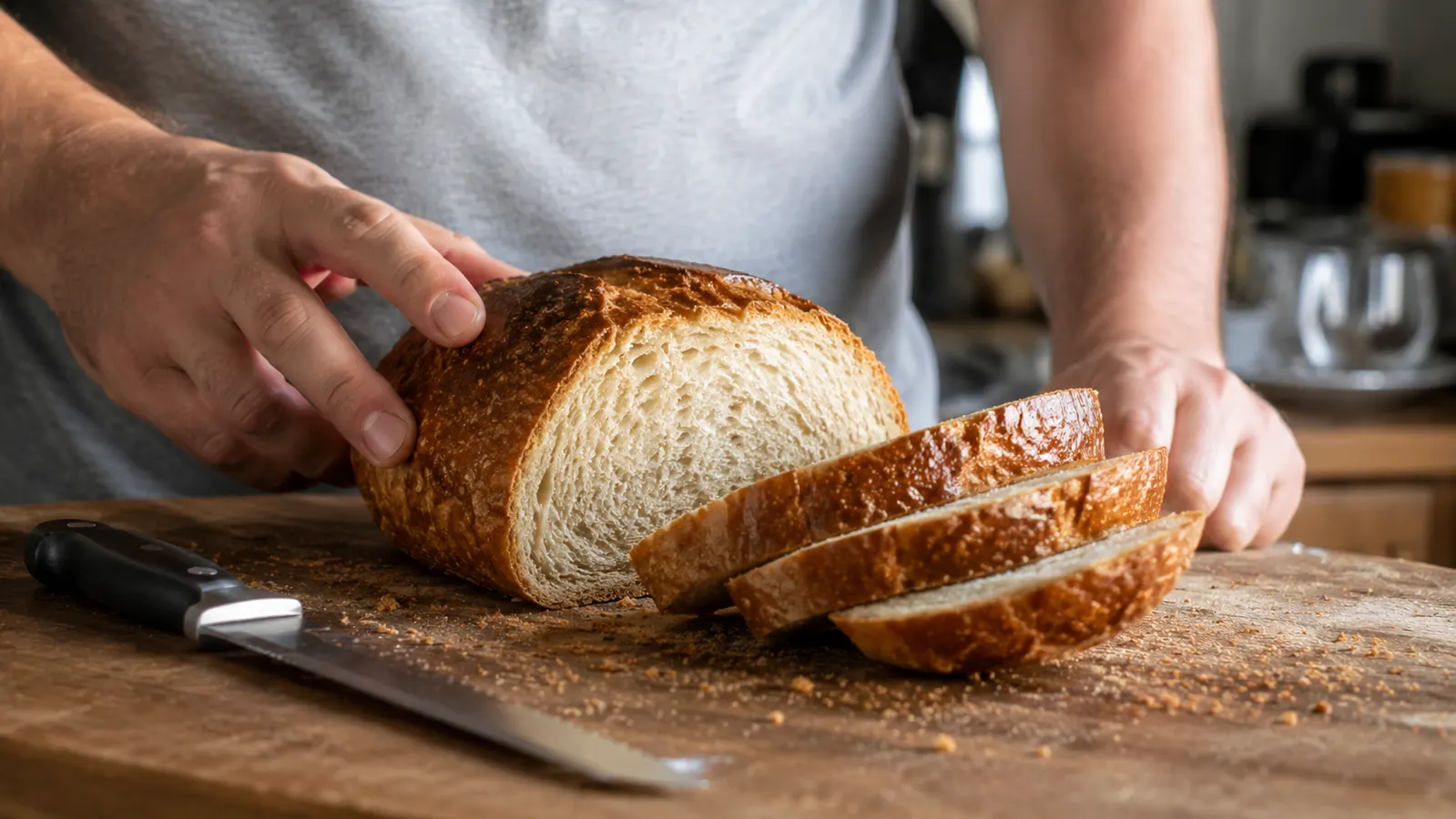 Sliced homemade loaf with a deep golden crust and open crumb on a wooden cutting board with a bread knife