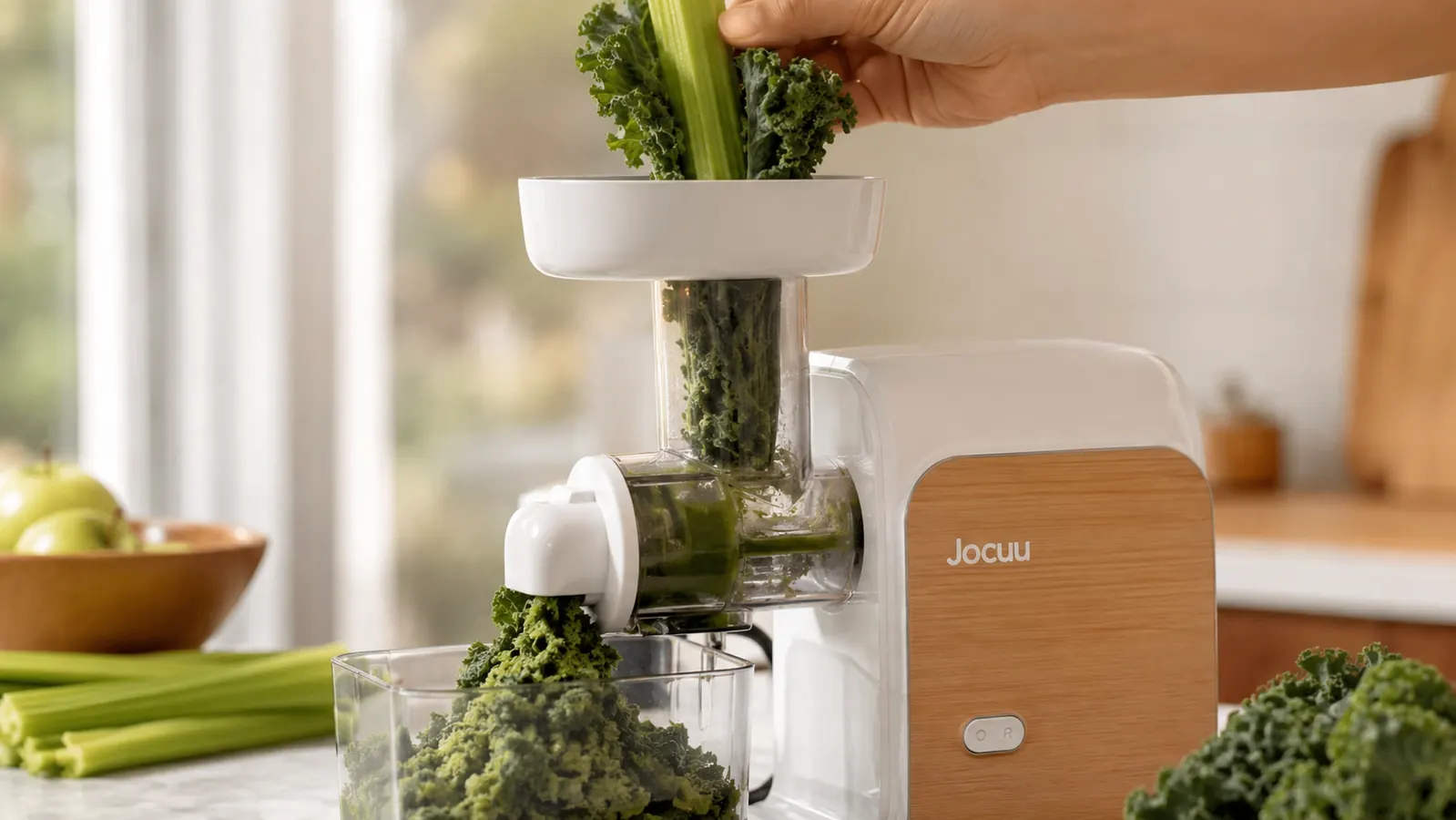 Hand feeding kale and celery into the chute of the Jocuu masticating juicer