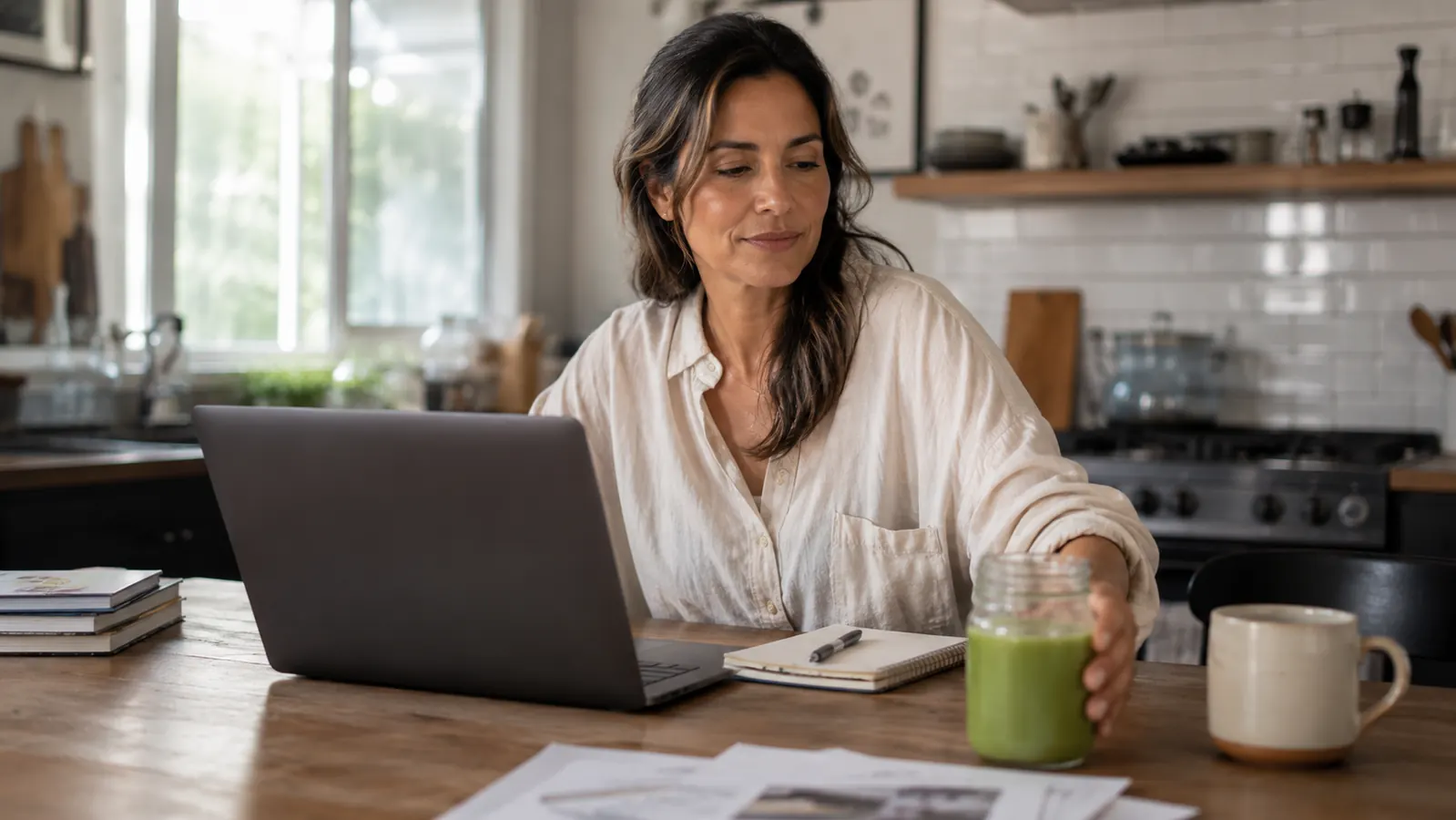 Person at a home desk sipping green juice from a mason jar instead of reaching for a coffee cup