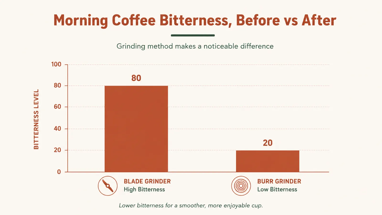 Simple chart comparing coffee bitterness ratings before and after switching from a blade grinder to a burr grinder