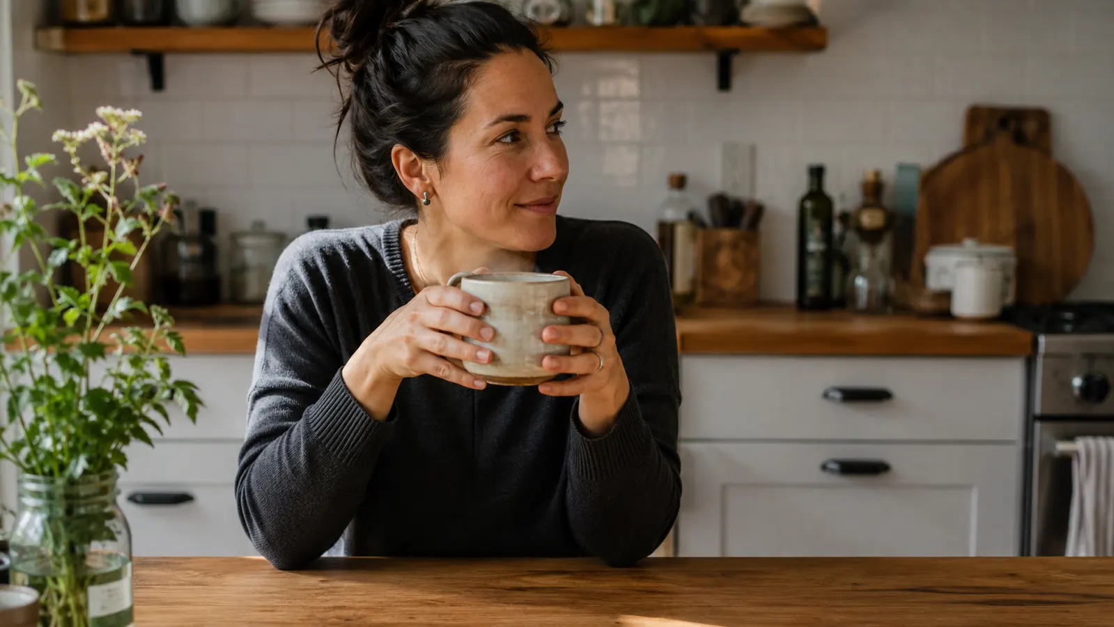 Person sitting at a kitchen table slowly sipping coffee from a ceramic mug in early morning light