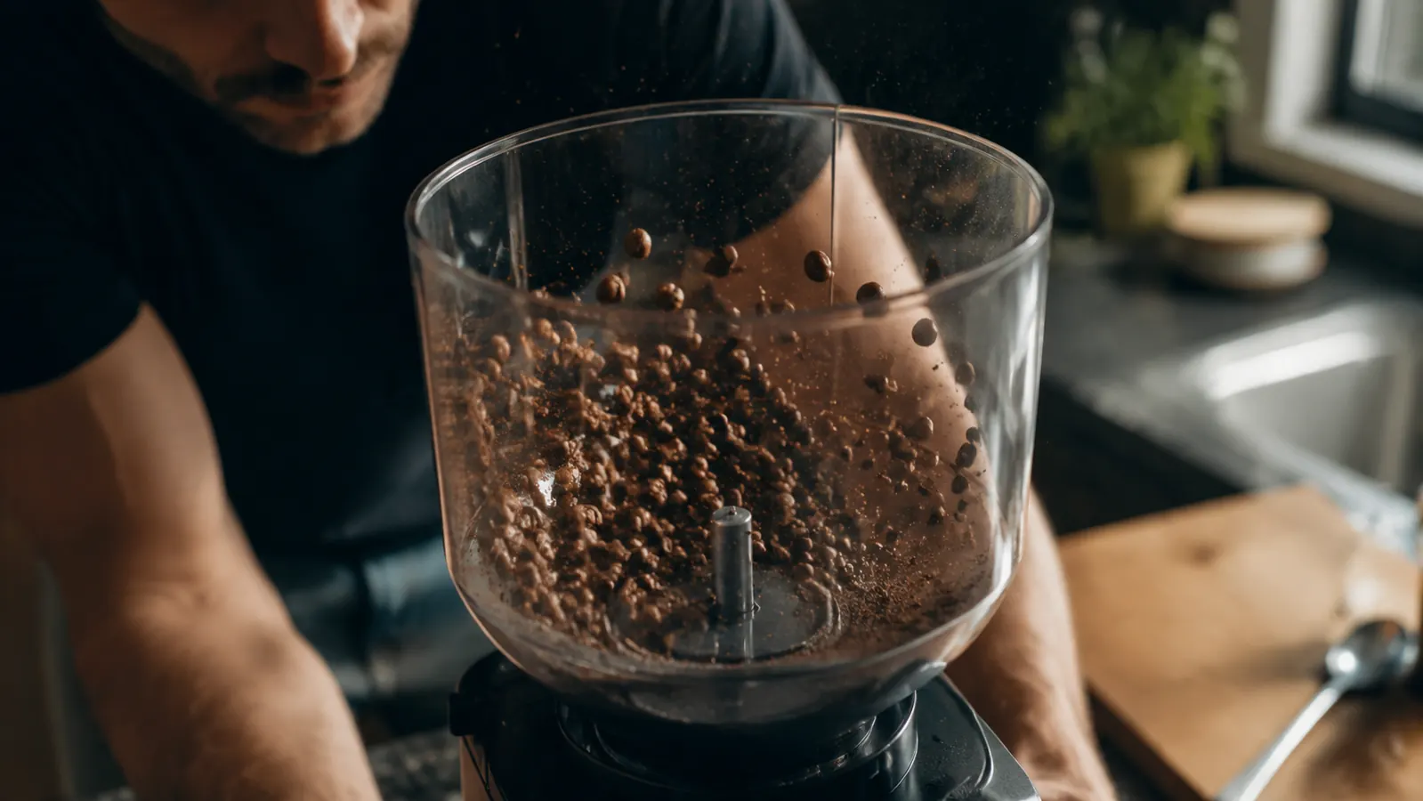 Whole coffee beans caught mid-bounce inside the clear hopper of a burr grinder, illustrating static and popcorning