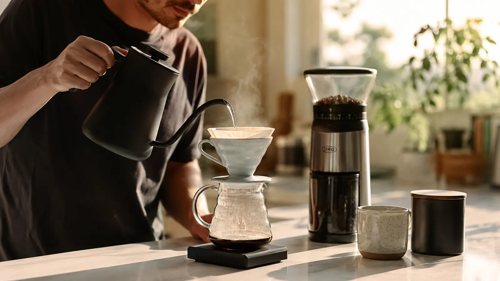 A person pouring hot water over a V60 dripper on a quiet kitchen counter with the grinder visible in the background
