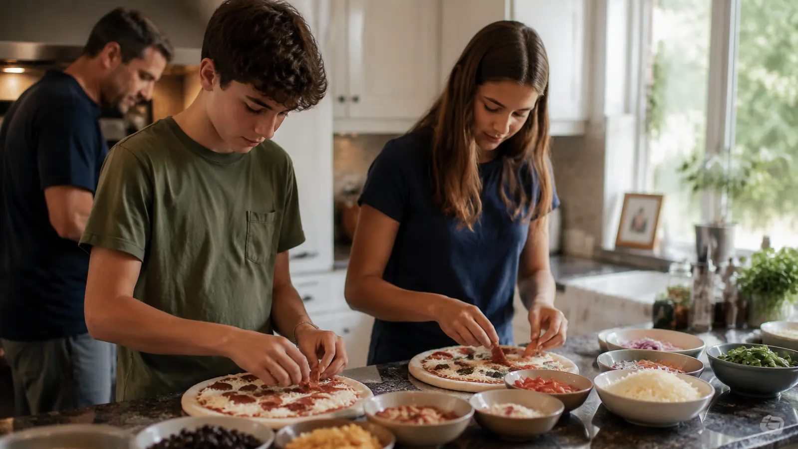 Two teenagers building their own pizzas with toppings spread across the counter