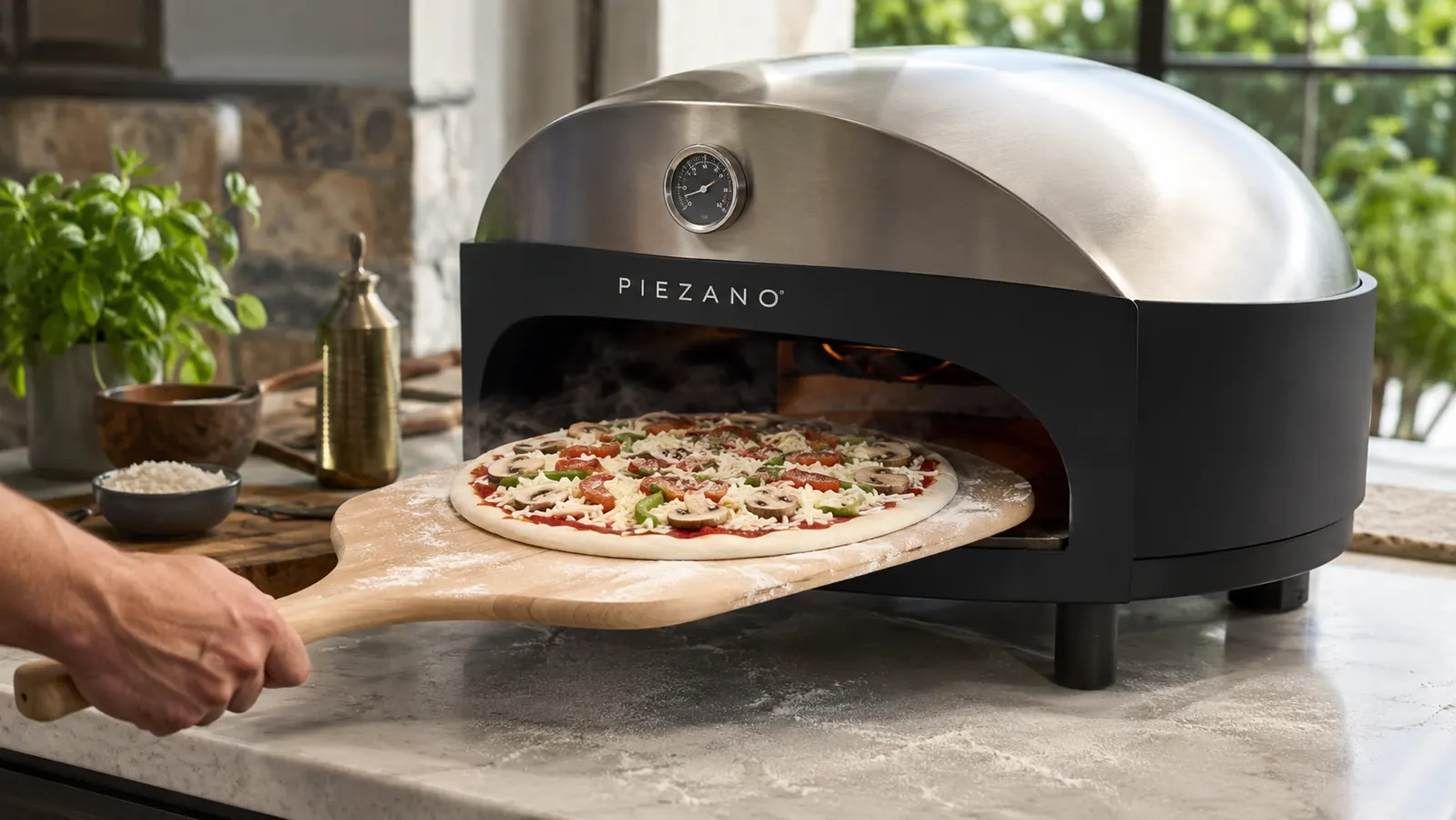 Hand sliding a pizza off a wooden peel onto the hot ceramic stone inside the PIEZANO oven