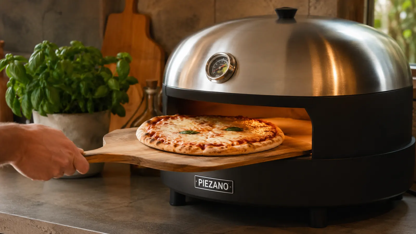Hand sliding a raw pizza on a wooden peel into the open PIEZANO pizza oven