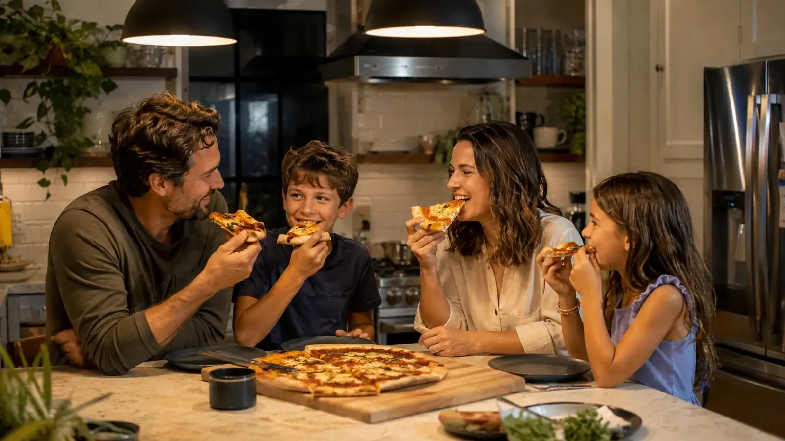 Family gathered around a kitchen island eating slices of homemade pizza on a Friday night